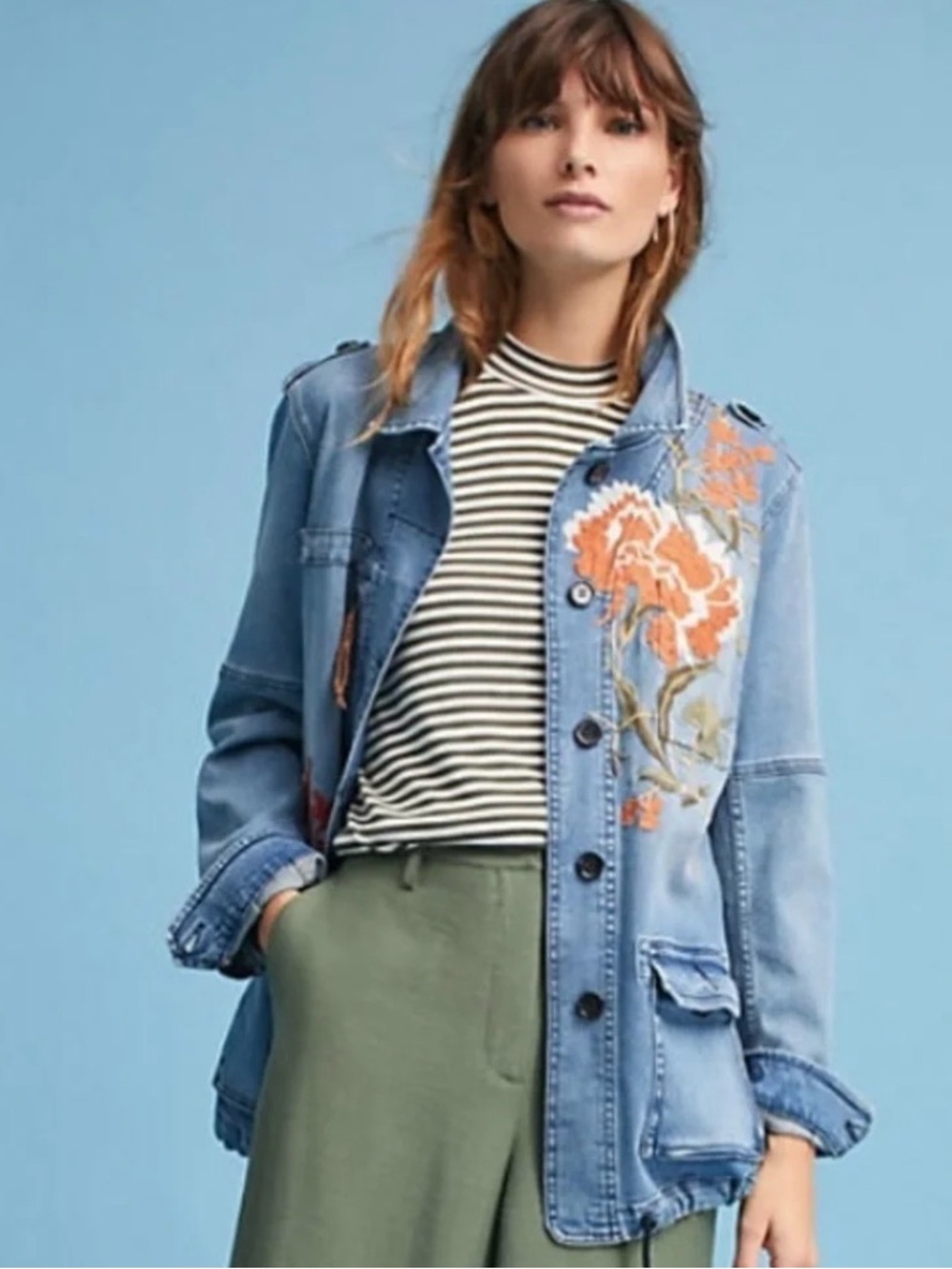 Pilcro Light Blue 100% Cotton Denim Jacket with Orange Floral Embroidery